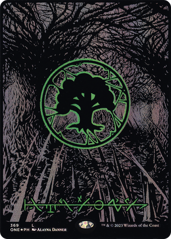 Forest (369) (Oil Slick Raised Foil) [Phyrexia: All Will Be One]